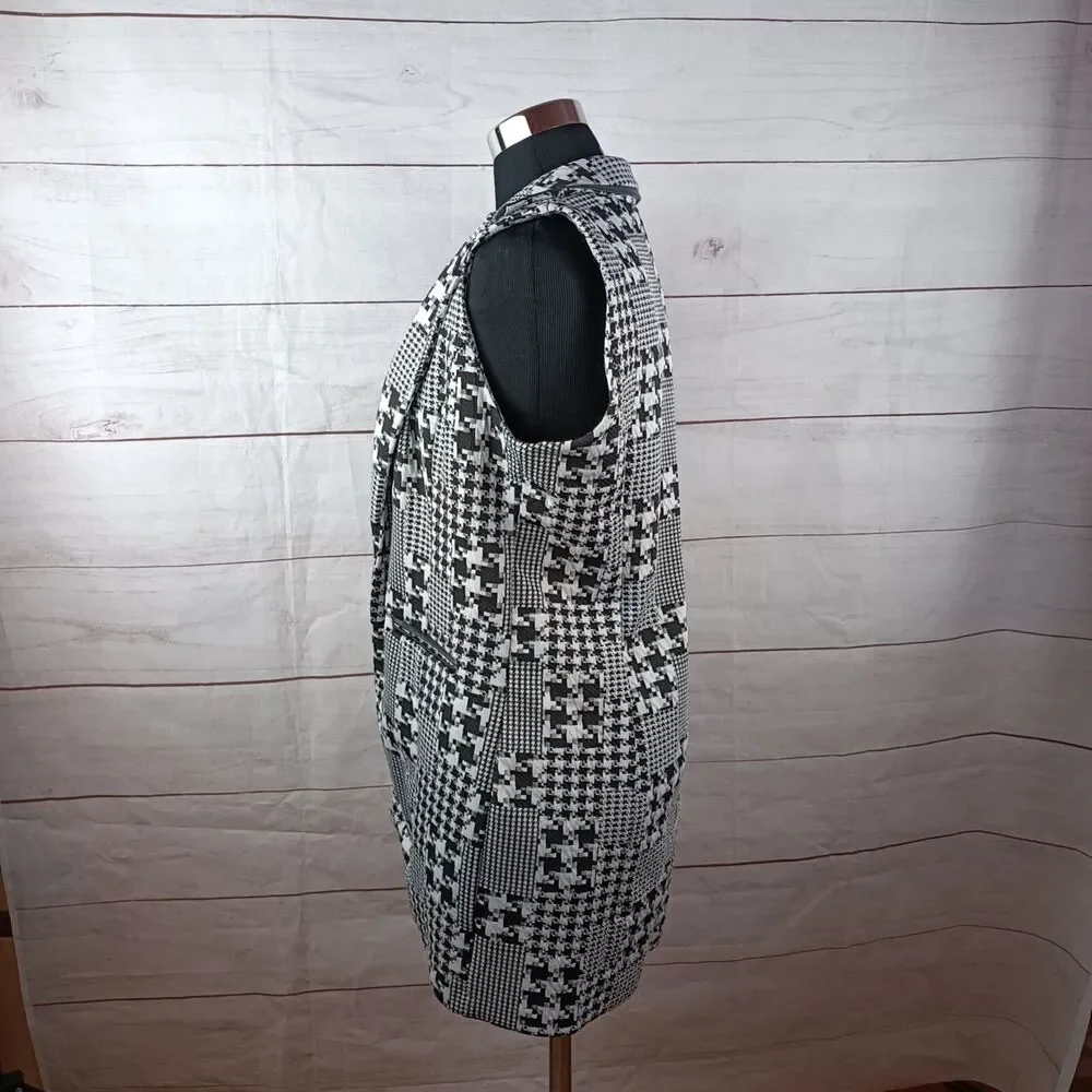 Woman's open sleeveless blazer cardigan houndstooth black white collar Large - Picture 4 of 15